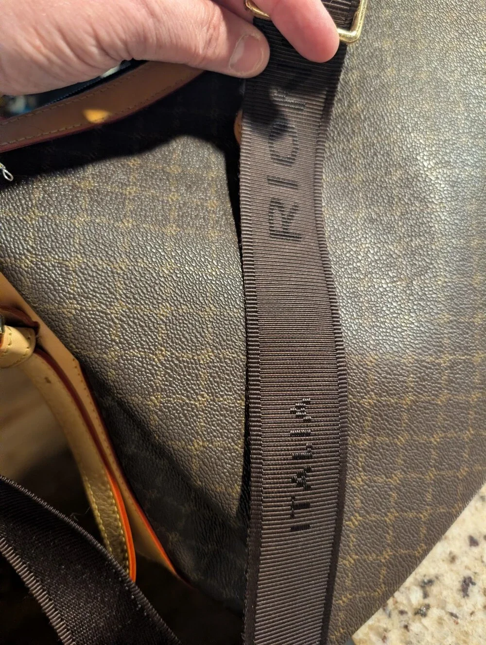 Rioni Signature Brown Monogram Messenger Bag Leather Accents Italian Crossbody